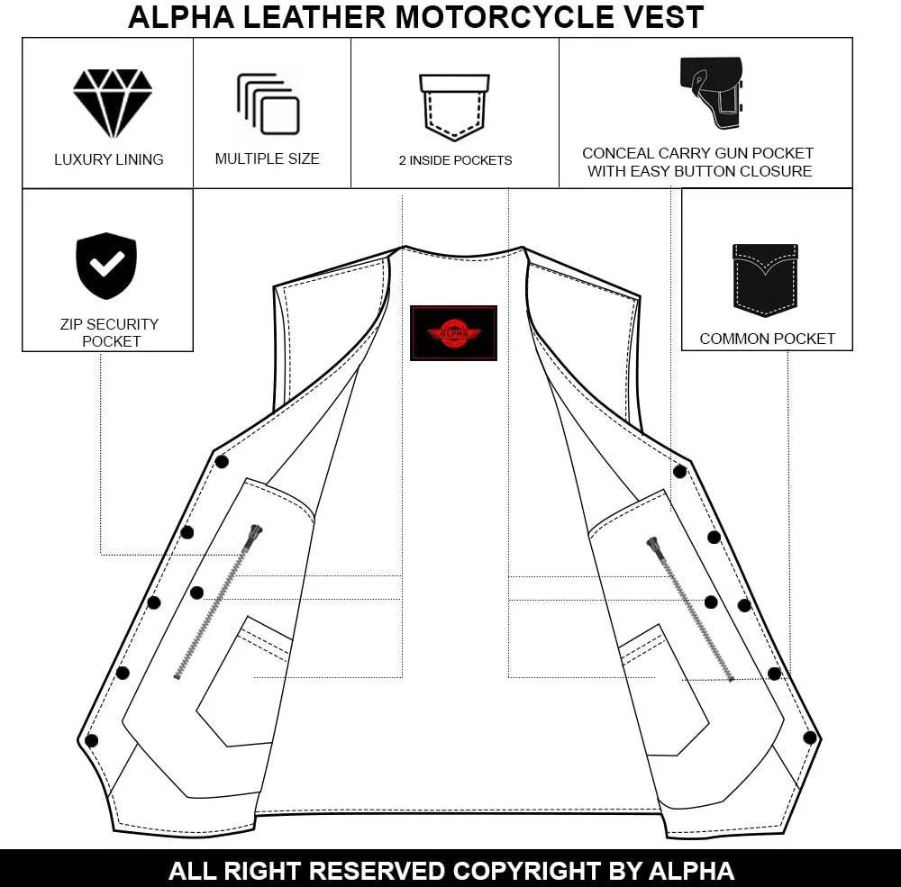 Alpha Leather Motorcycle Vest for Men Riding Club Black Biker Vests With Concealed Carry Gun Pocket Cruise Vintage