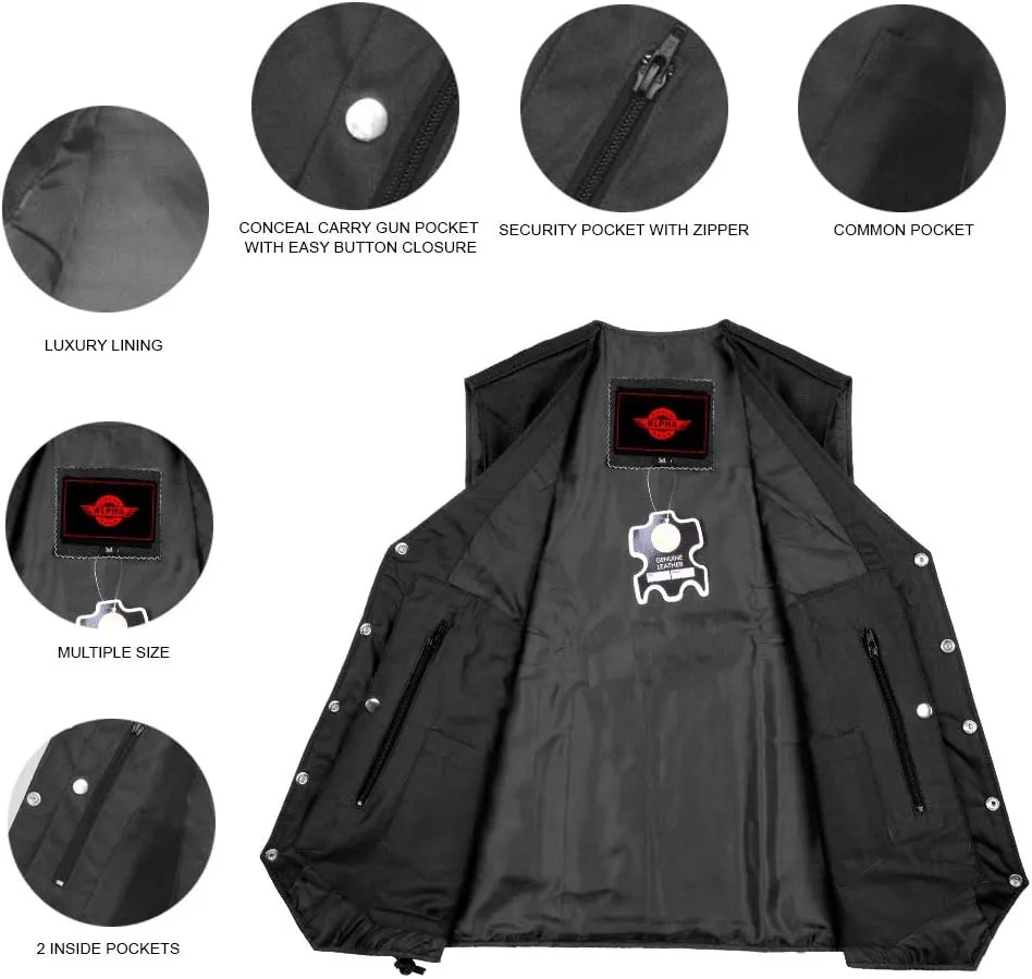 Alpha Leather Motorcycle Vest for Men Riding Club Black Biker Vests With Concealed Carry Gun Pocket Cruise Vintage
