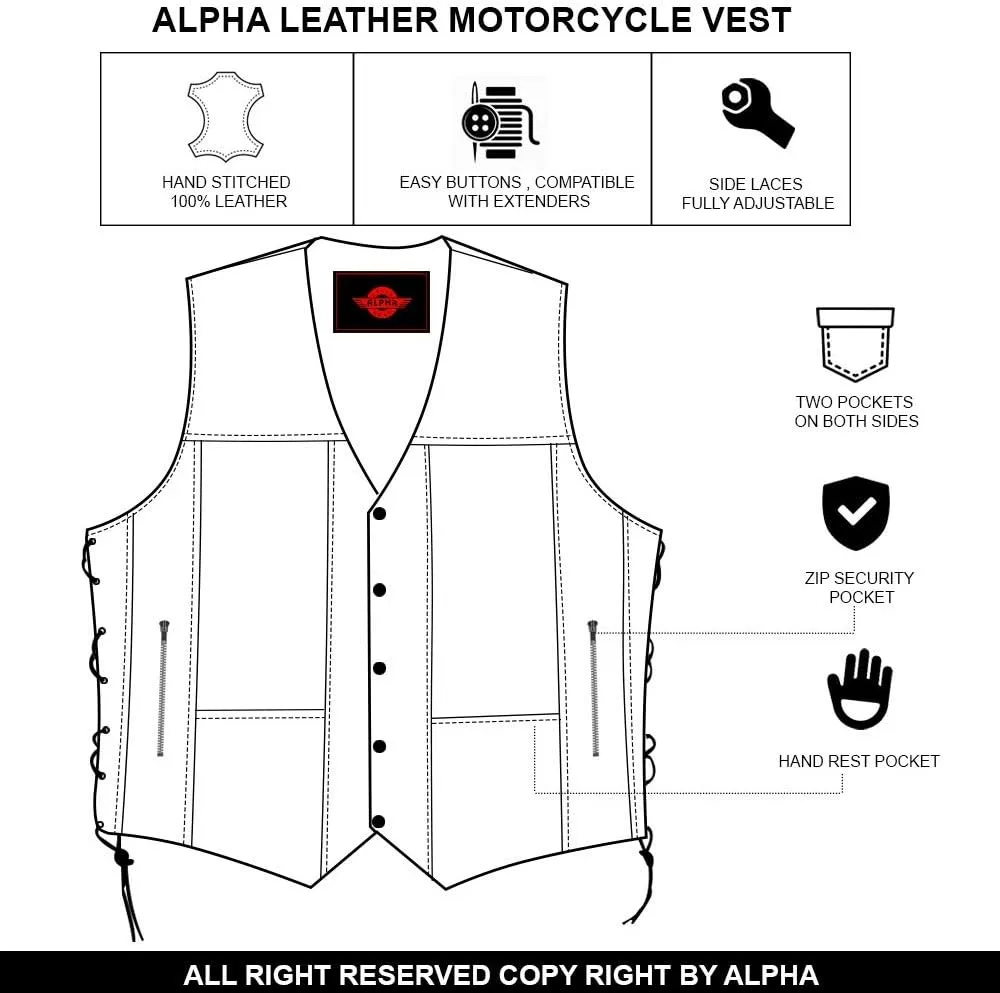 Alpha Leather Motorcycle Vest for Men Riding Club Black Biker Vests With Concealed Carry Gun Pocket Cruise Vintage