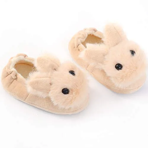 Beeliss Toddler Girls Slippers Cartoon Plush Warm Shoes (5-6 M US Toddler, Beige/Bunny)