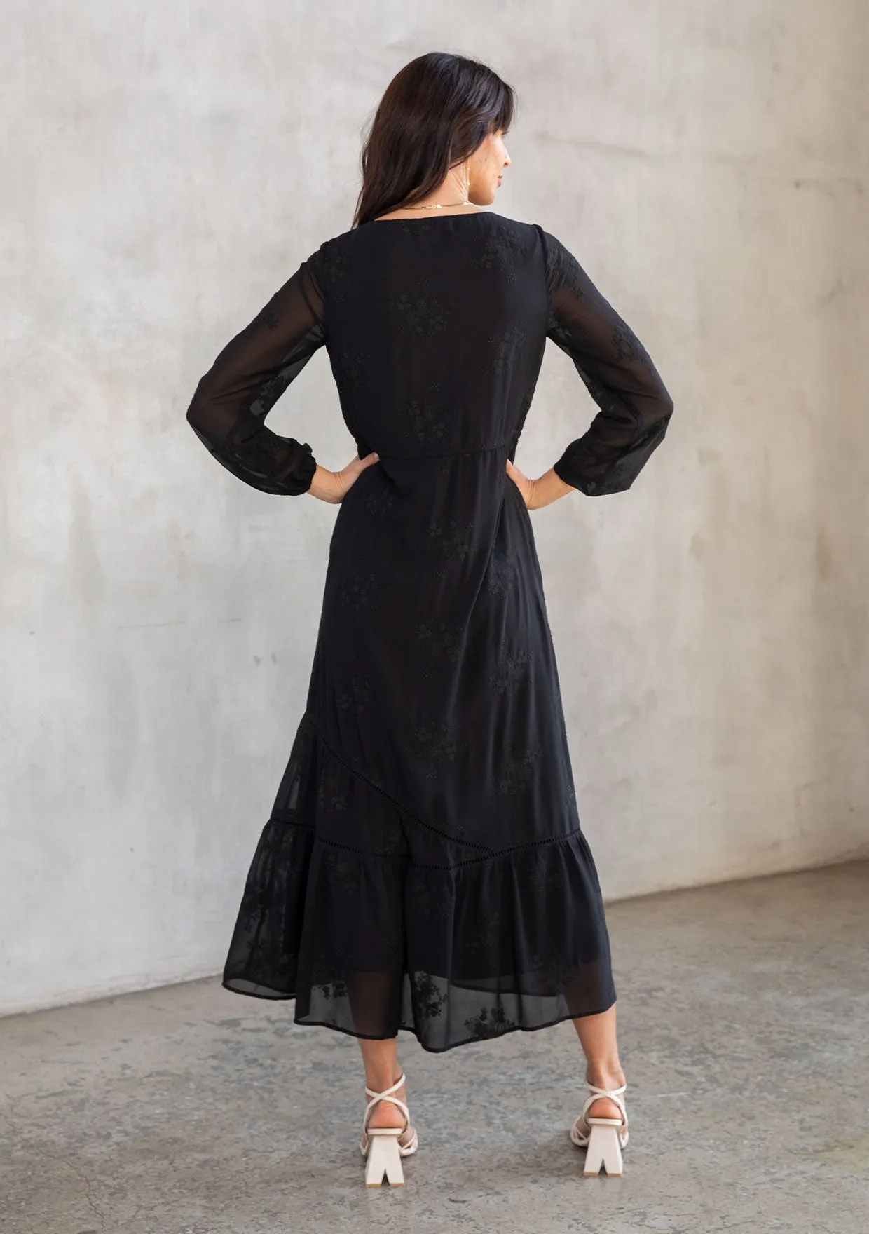 Black Floral Embroidered Long Sleeve Chiffon Dress