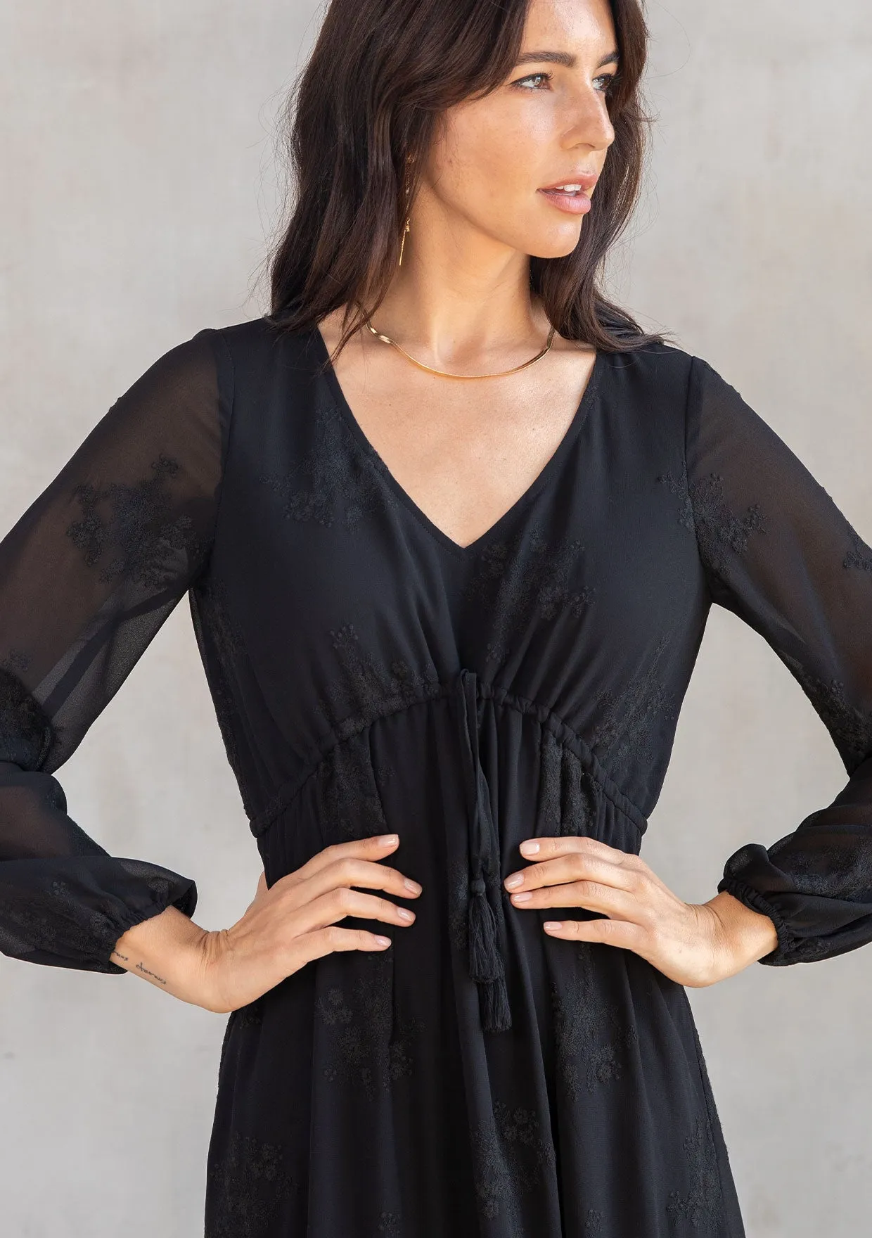 Black Floral Embroidered Long Sleeve Chiffon Dress