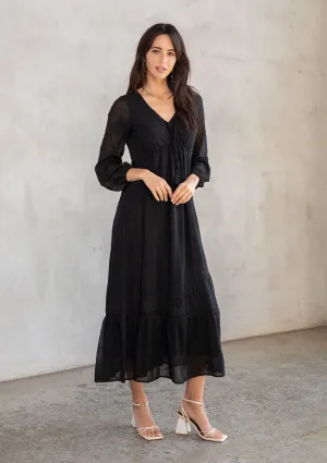 Black Floral Embroidered Long Sleeve Chiffon Dress