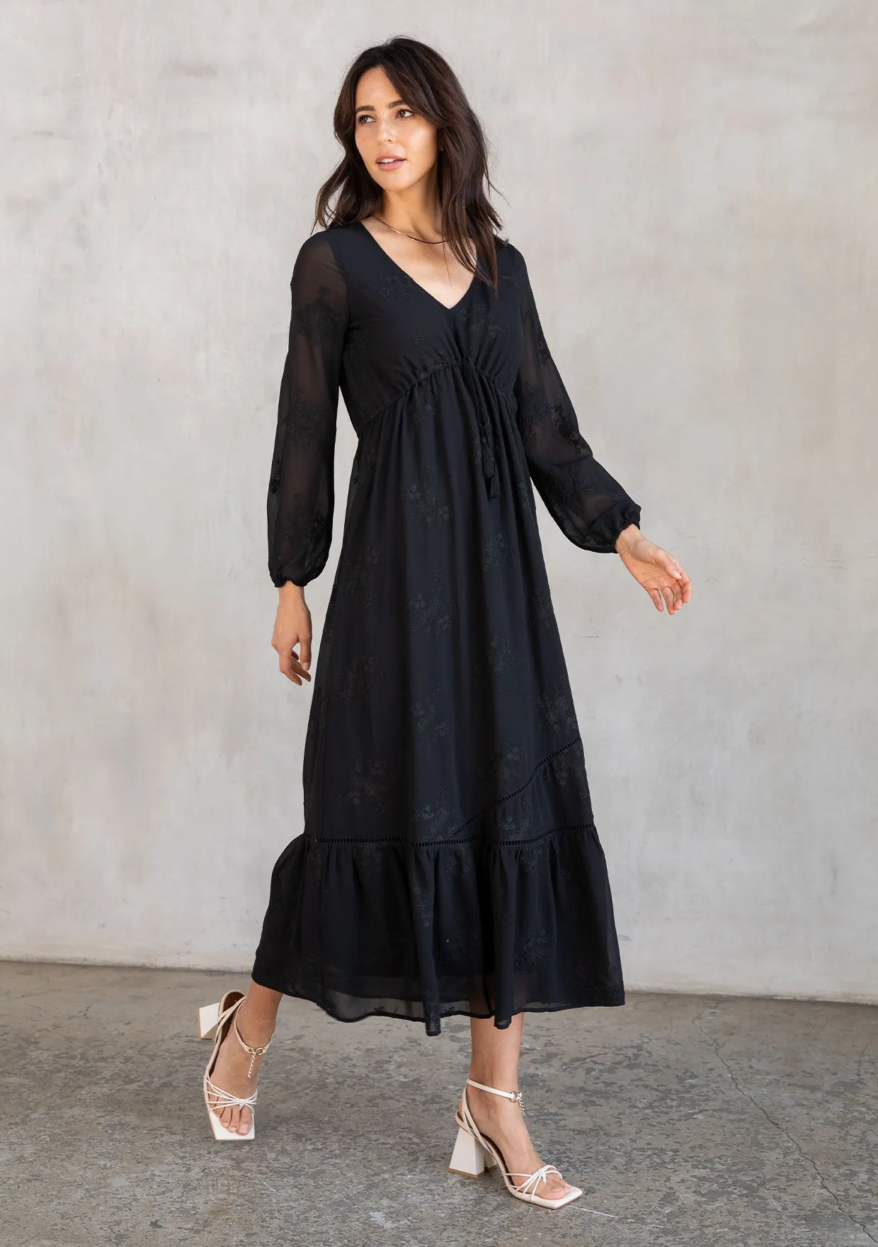 Black Floral Embroidered Long Sleeve Chiffon Dress