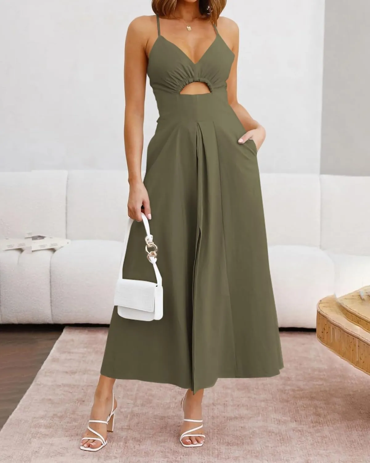 BTFBM Women 2025 Summer Spaghetti Strap Midi Dress Sleeveless V Neck Cutout Slit Casual Beach Party Maxi Dresses Pockets