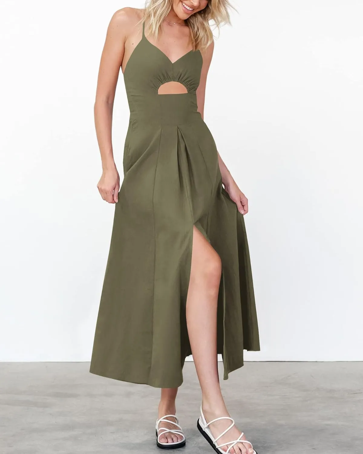BTFBM Women 2025 Summer Spaghetti Strap Midi Dress Sleeveless V Neck Cutout Slit Casual Beach Party Maxi Dresses Pockets