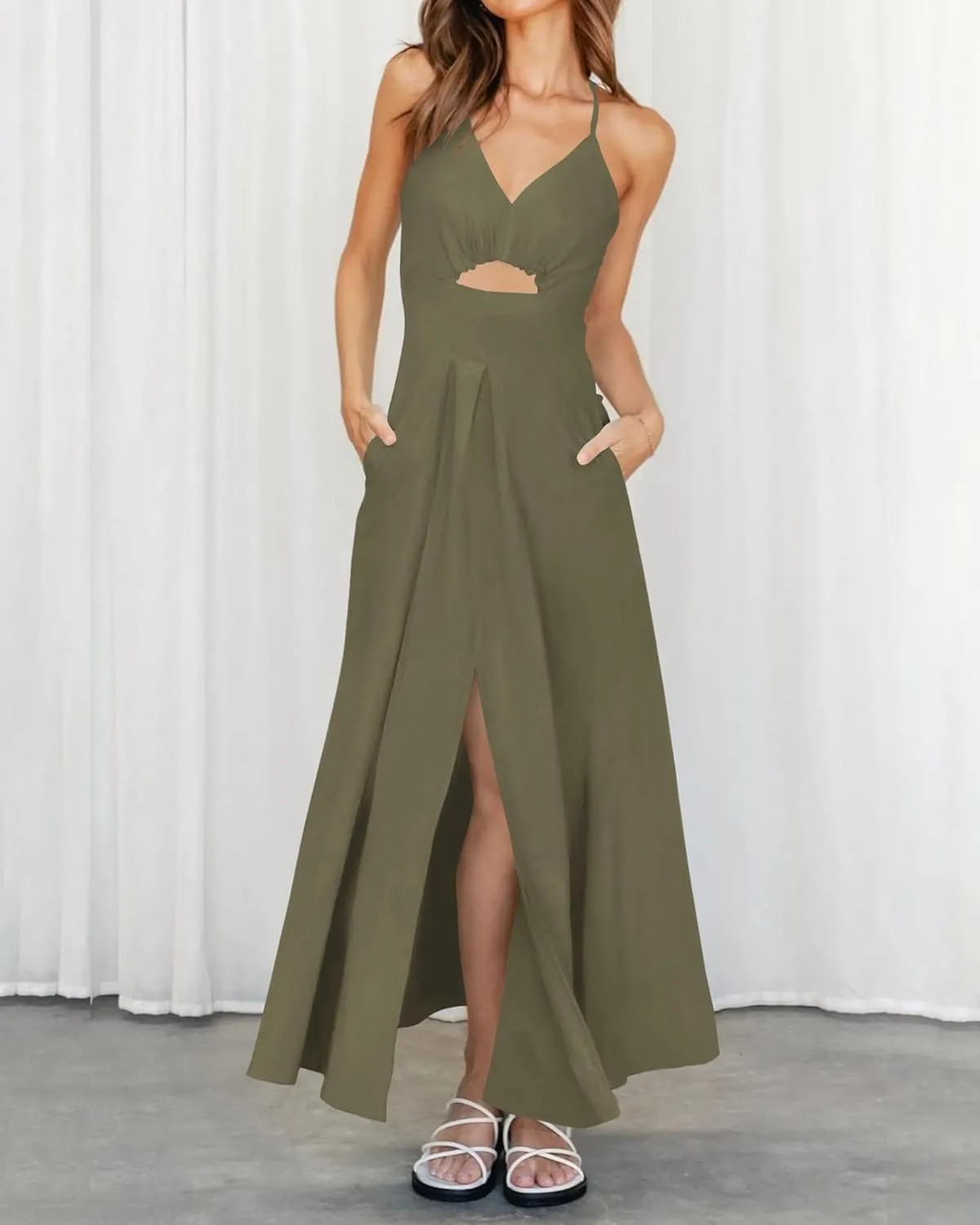 BTFBM Women 2025 Summer Spaghetti Strap Midi Dress Sleeveless V Neck Cutout Slit Casual Beach Party Maxi Dresses Pockets