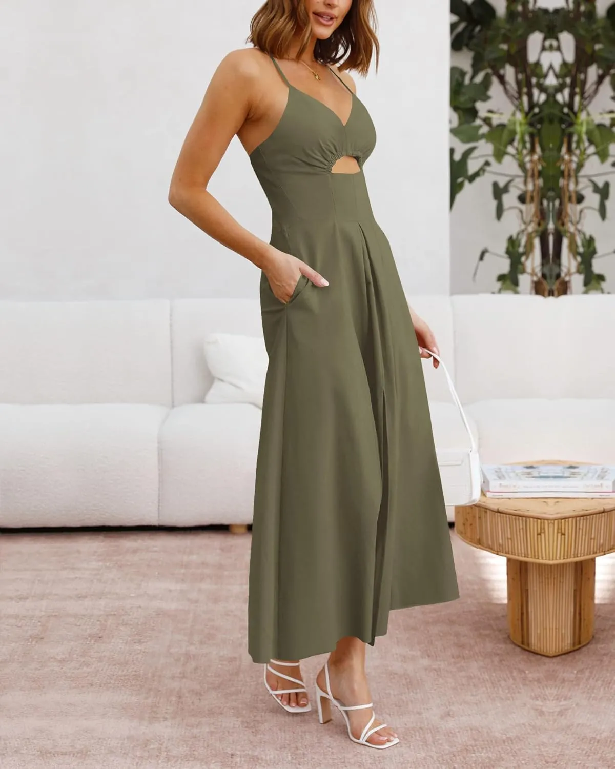 BTFBM Women 2025 Summer Spaghetti Strap Midi Dress Sleeveless V Neck Cutout Slit Casual Beach Party Maxi Dresses Pockets