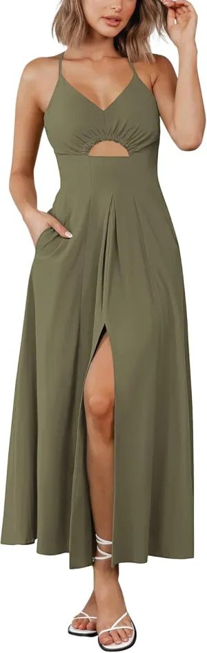 BTFBM Women 2025 Summer Spaghetti Strap Midi Dress Sleeveless V Neck Cutout Slit Casual Beach Party Maxi Dresses Pockets