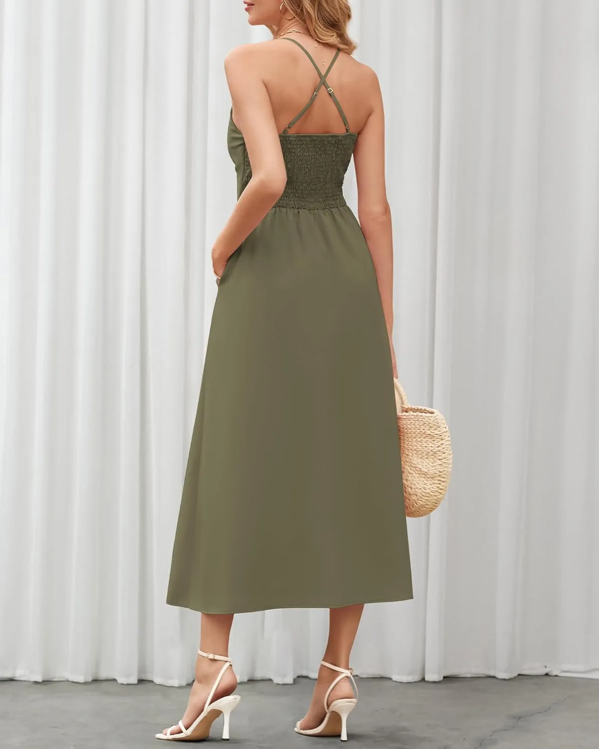 BTFBM Women 2025 Summer Spaghetti Strap Midi Dress Sleeveless V Neck Cutout Slit Casual Beach Party Maxi Dresses Pockets