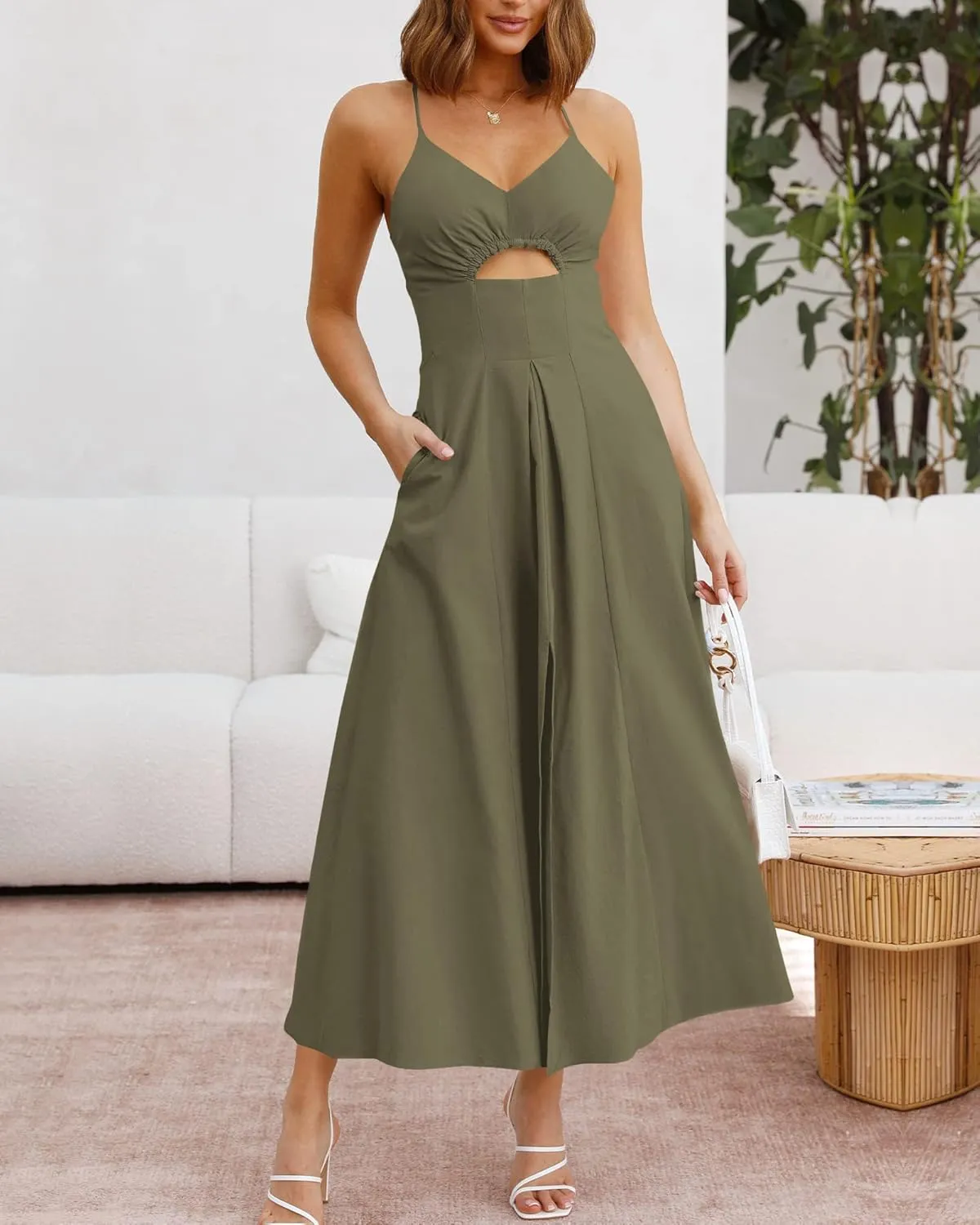 BTFBM Women 2025 Summer Spaghetti Strap Midi Dress Sleeveless V Neck Cutout Slit Casual Beach Party Maxi Dresses Pockets