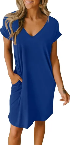 BTFBM Women Summer T Shirt Dresses 2025 Spring Short Sleeve V Neck Loose Casual Short Vacation Dress Pajamas Pockets