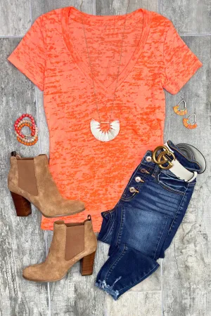 BURNOUT DEEP V-NECK TEE - ORANGE