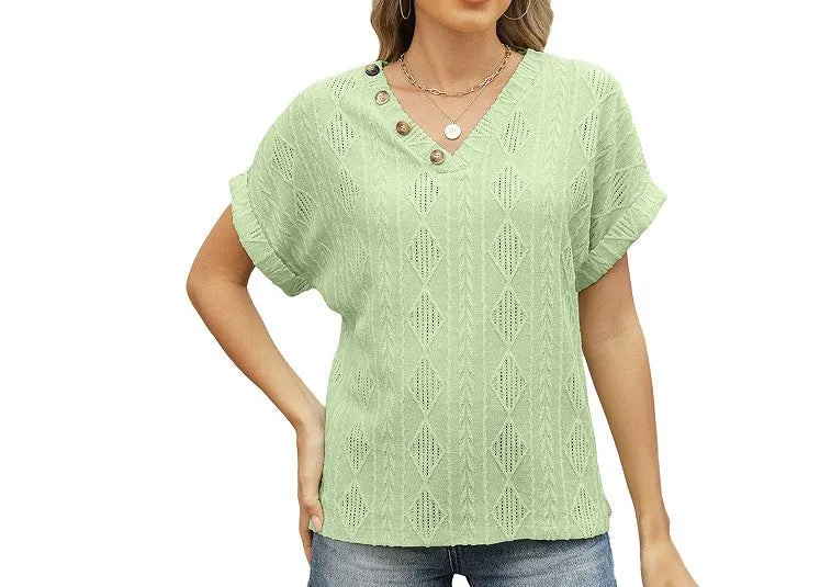 Button V-Neck Jacquard Short Sleeve Shirt