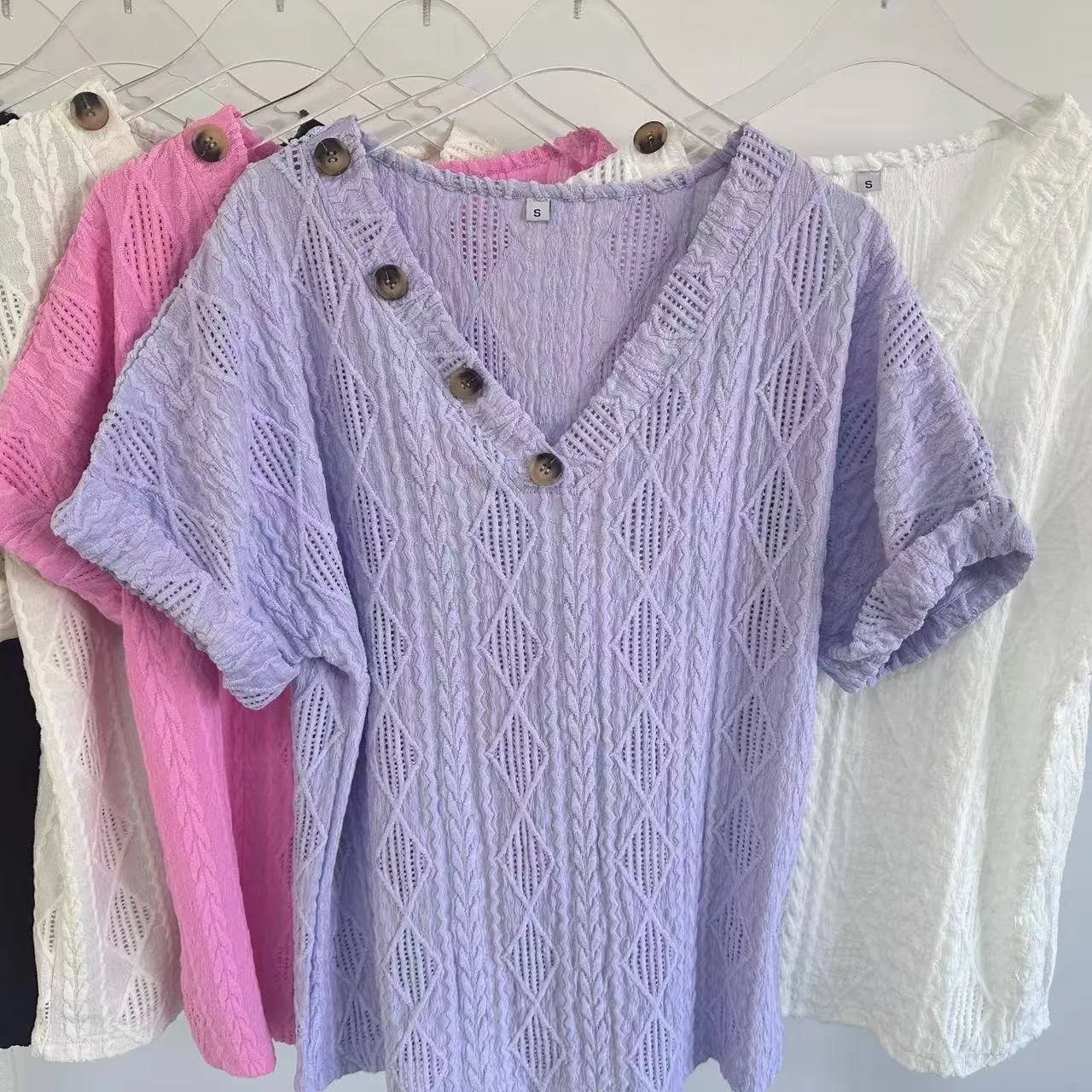 Button V-Neck Jacquard Short Sleeve Shirt
