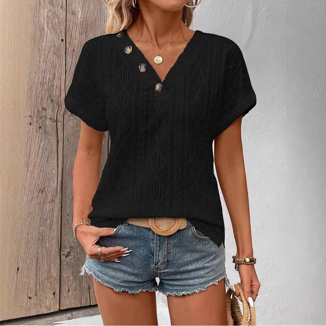 Button V-Neck Jacquard Short Sleeve Shirt