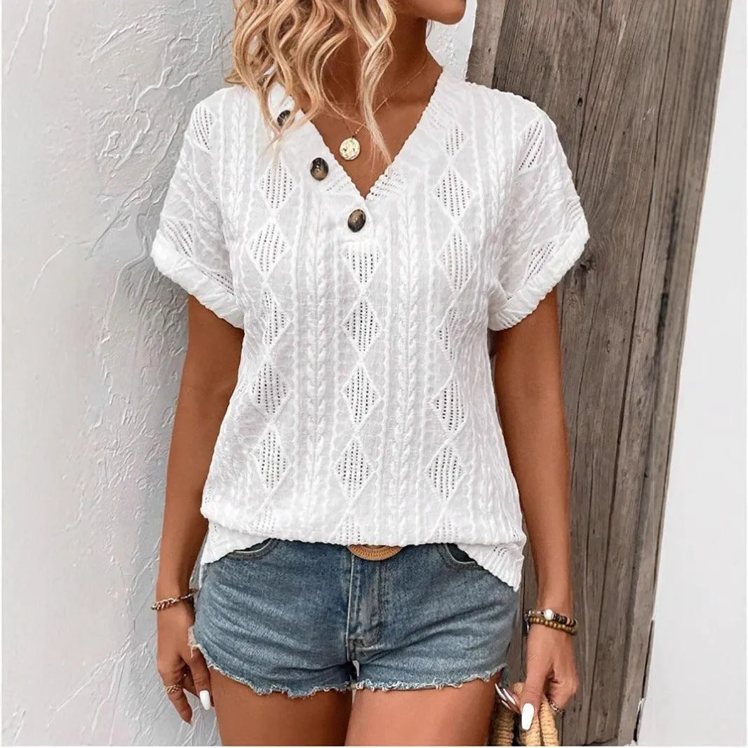 Button V-Neck Jacquard Short Sleeve Shirt