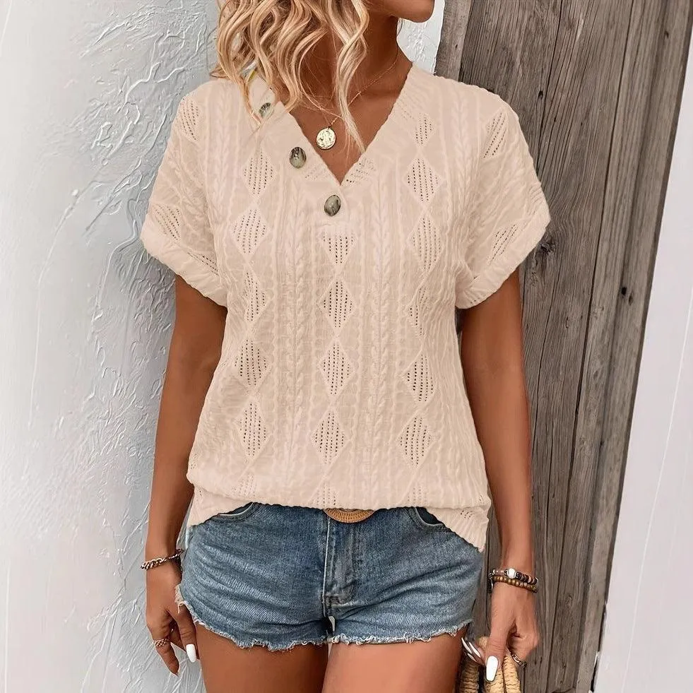 Button V-Neck Jacquard Short Sleeve Shirt
