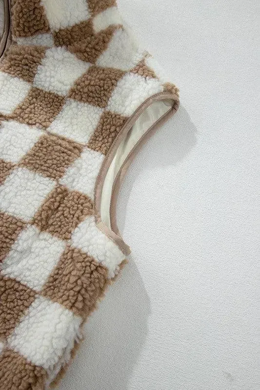 Checkered Sherpa Collared Jacket Vest
