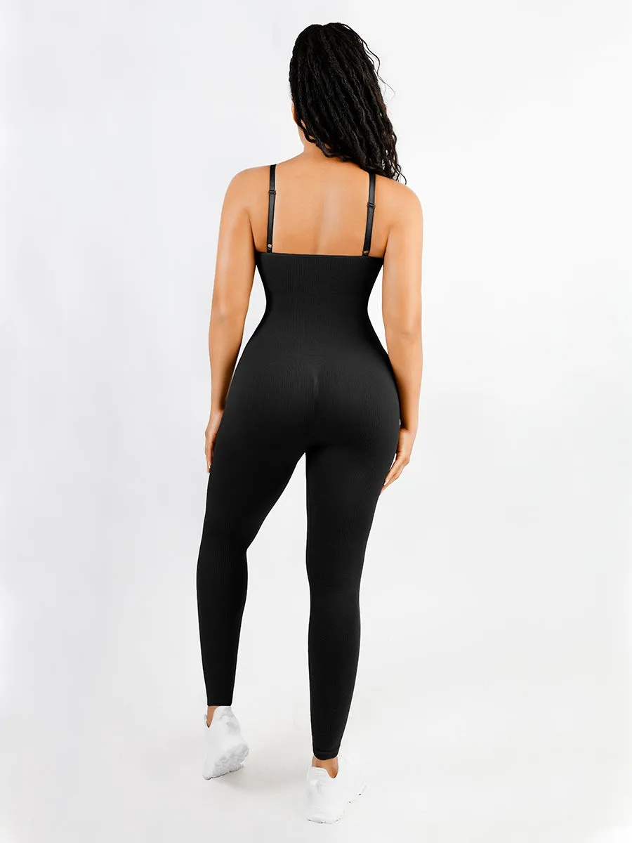 Chic Black Ribbed Shaping Full Jumpsuit