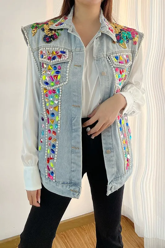 Crystalline Sleeveless Denim Vest