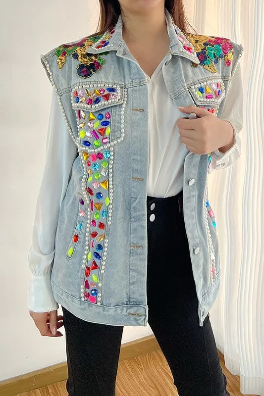 Crystalline Sleeveless Denim Vest