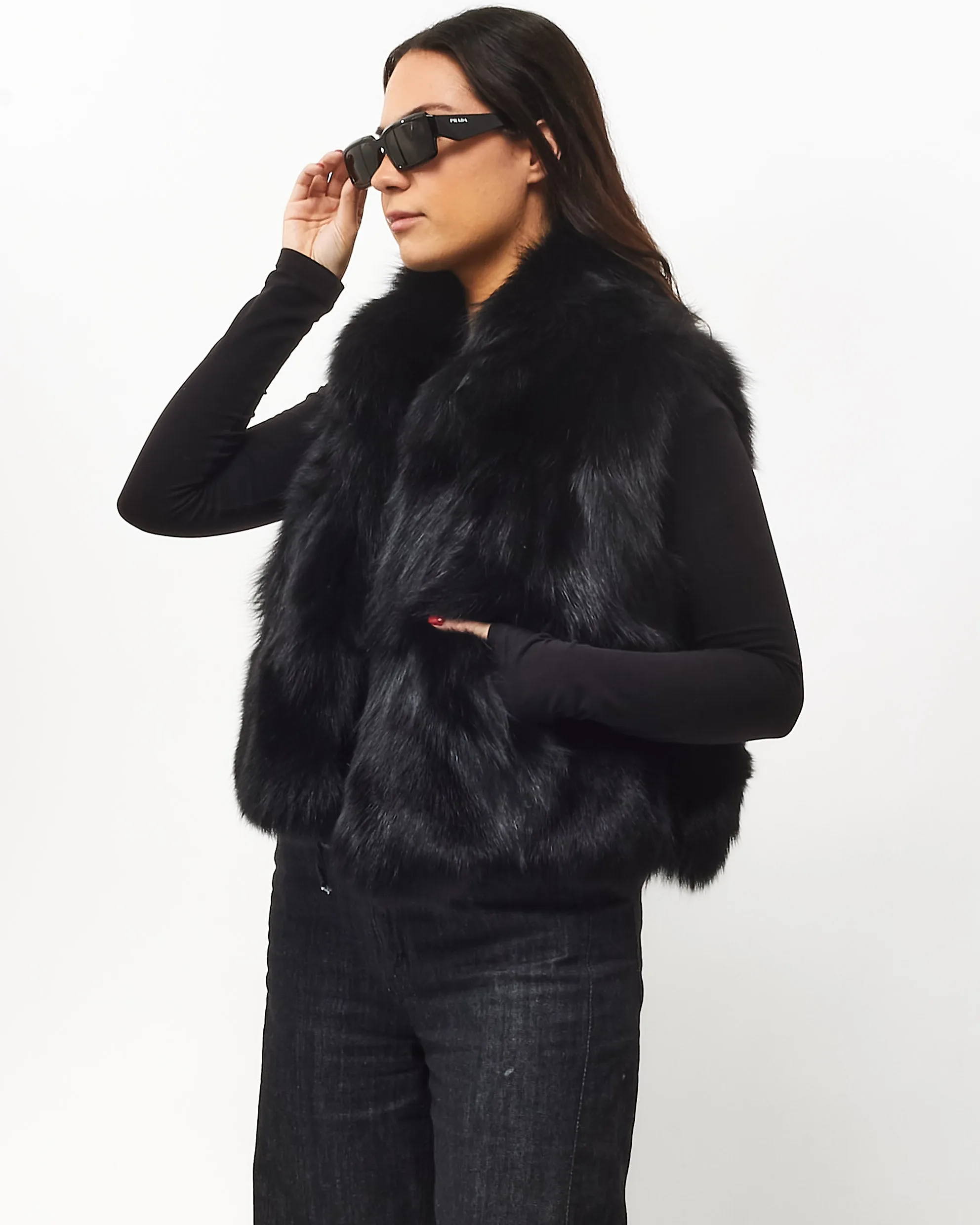 ELAMA Black Fox Sleeveless Fur Vest - M