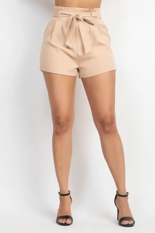 Elastic Waist Belted Paperbag Short