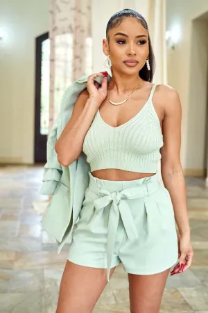 Elastic Waist Belted Paperbag Short
