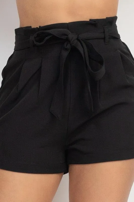 Elastic Waist Belted Paperbag Short