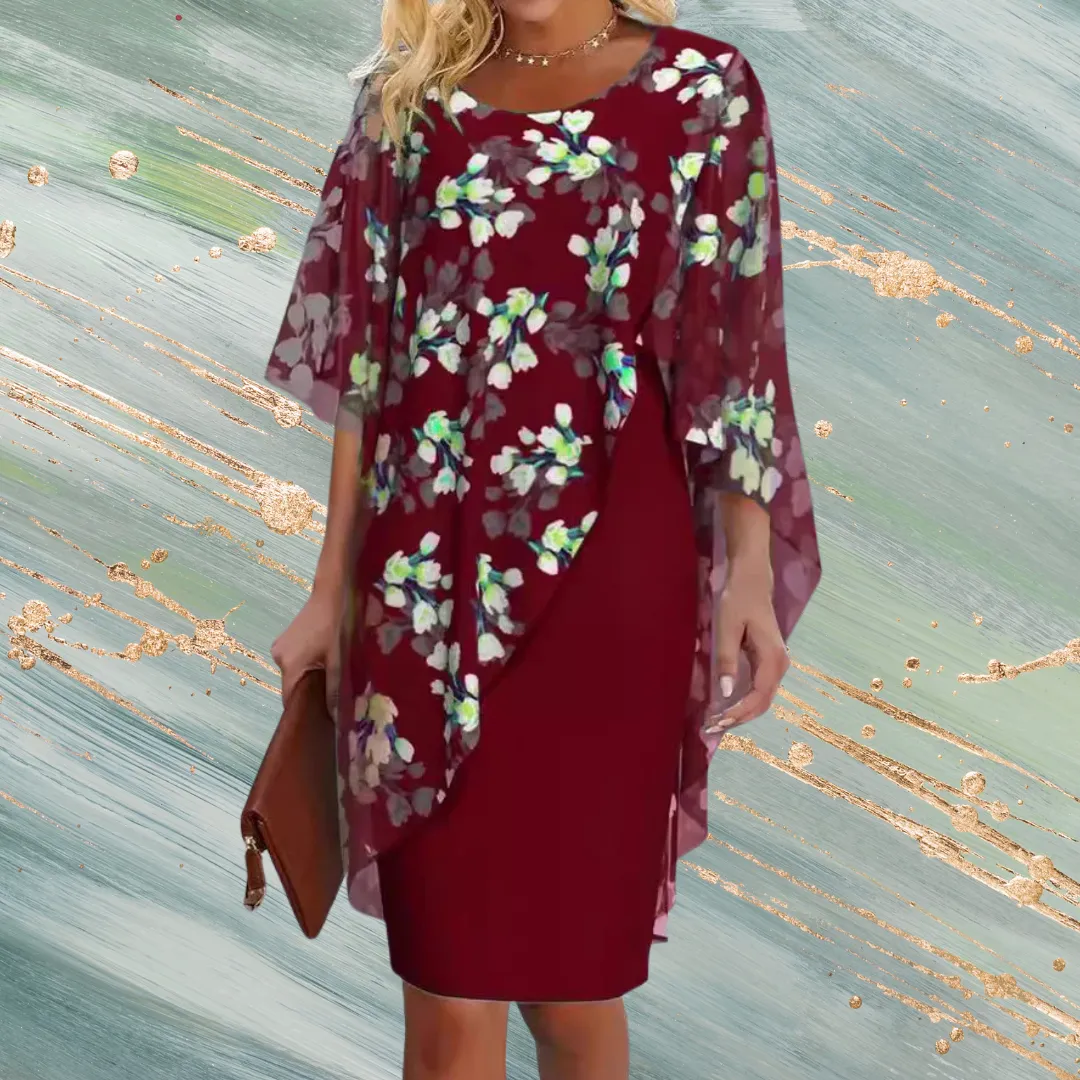 Floral Printed Crew Neck Chiffon Dress