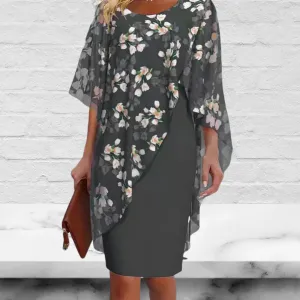 Floral Printed Crew Neck Chiffon Dress