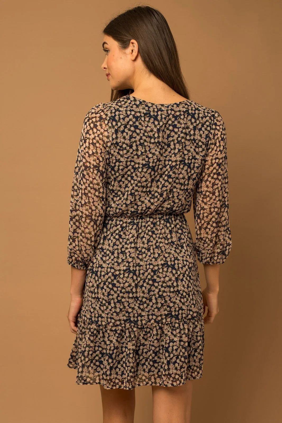 Floral V-Neck Wrap Dress - Navy/Taupe