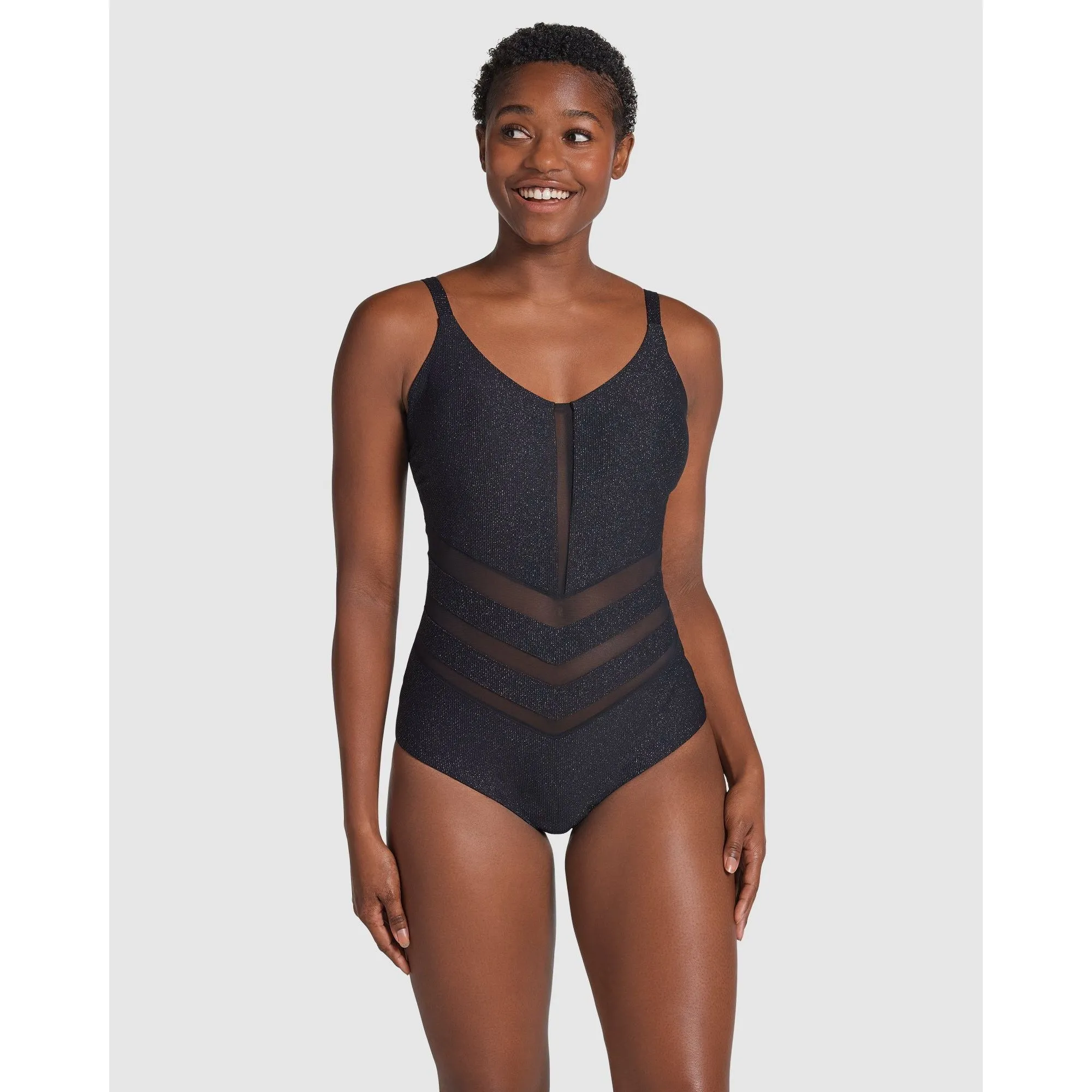 Glittery Backless Tummy Shaping One-Piece Swimsuit with Mesh
