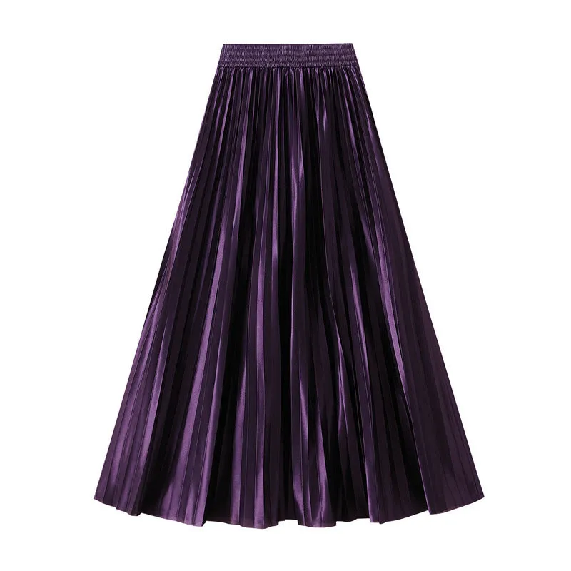 Glossy High Waist Pleated A Line Skirt