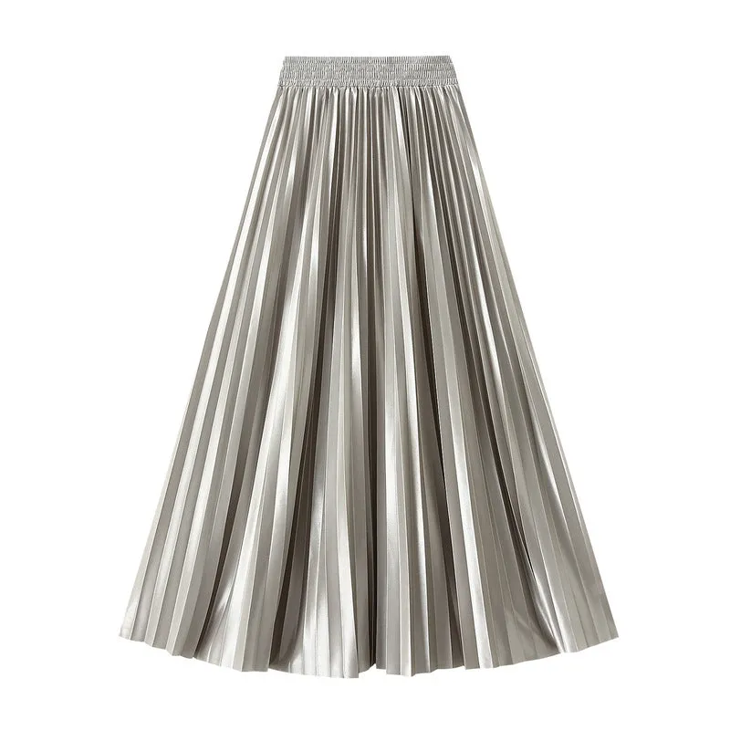 Glossy High Waist Pleated A Line Skirt