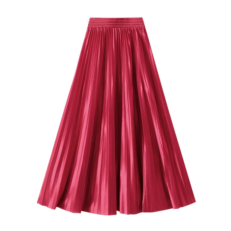 Glossy High Waist Pleated A Line Skirt