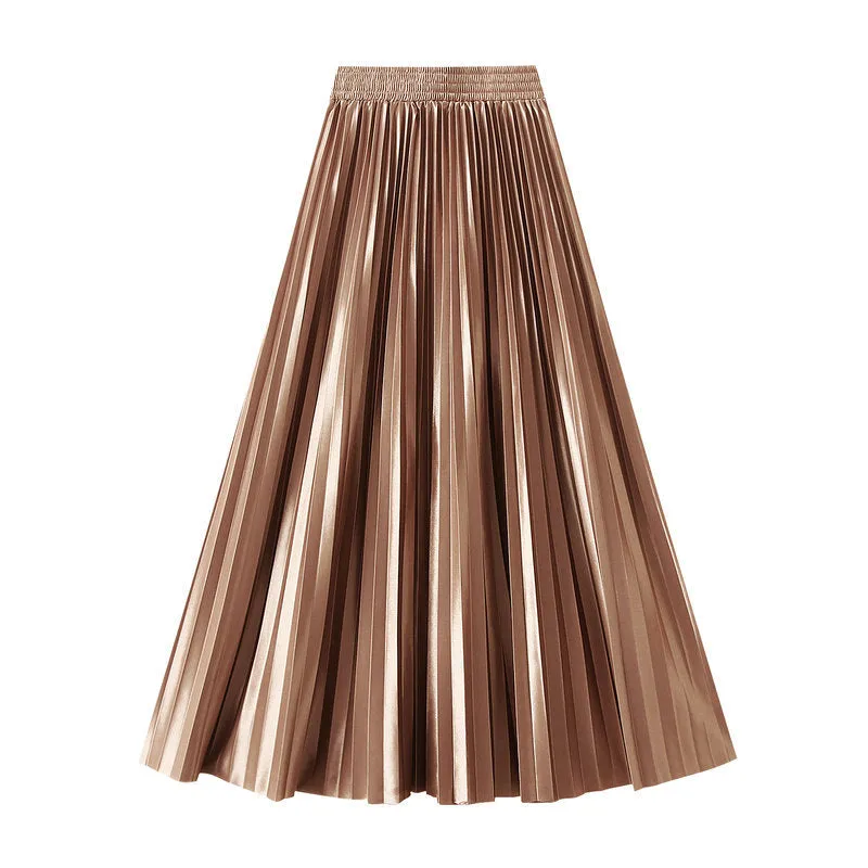 Glossy High Waist Pleated A Line Skirt