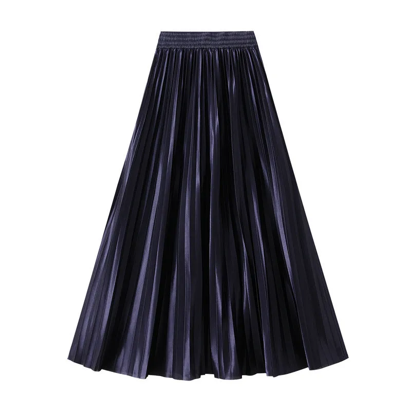 Glossy High Waist Pleated A Line Skirt