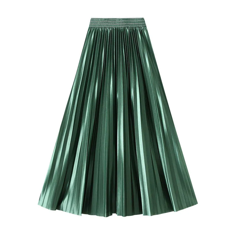 Glossy High Waist Pleated A Line Skirt
