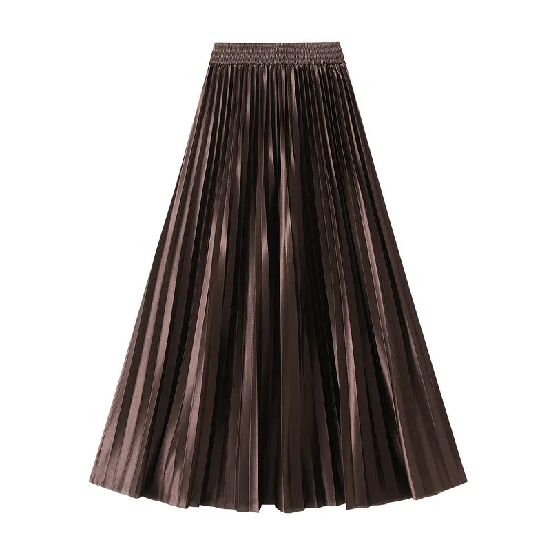 Glossy High Waist Pleated A Line Skirt