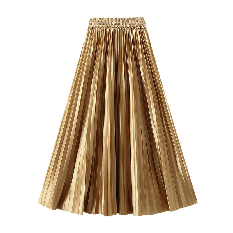 Glossy High Waist Pleated A Line Skirt