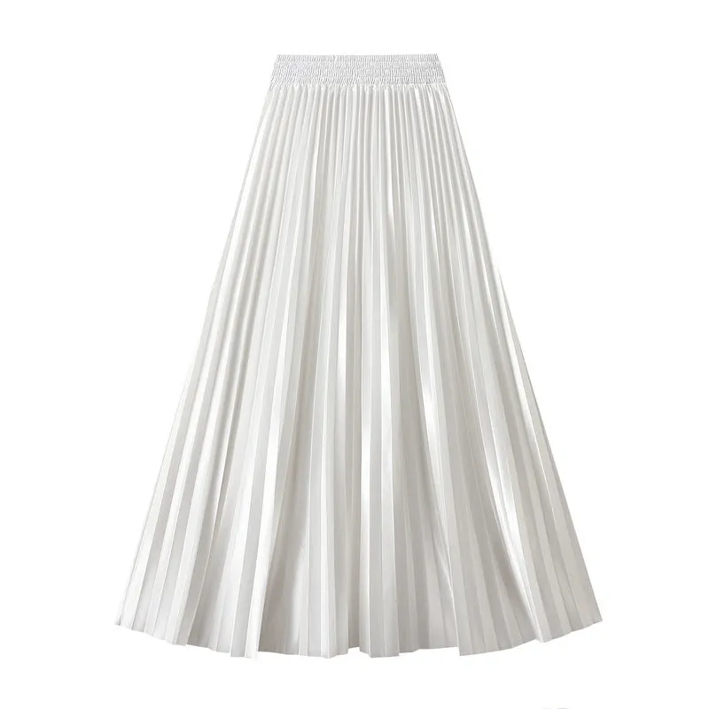 Glossy High Waist Pleated A Line Skirt