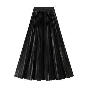Glossy High Waist Pleated A Line Skirt