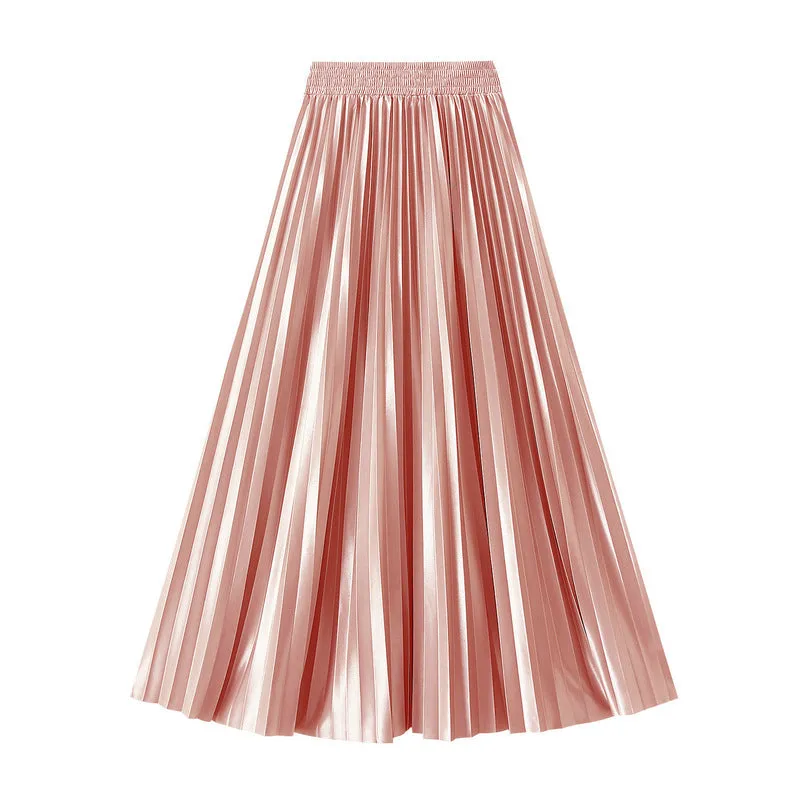 Glossy High Waist Pleated A Line Skirt