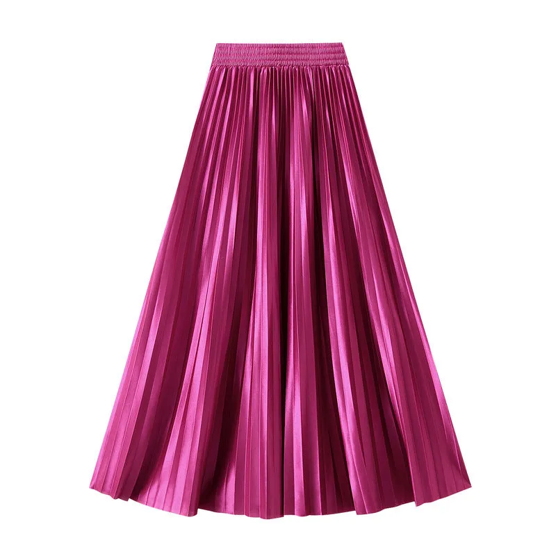 Glossy High Waist Pleated A Line Skirt