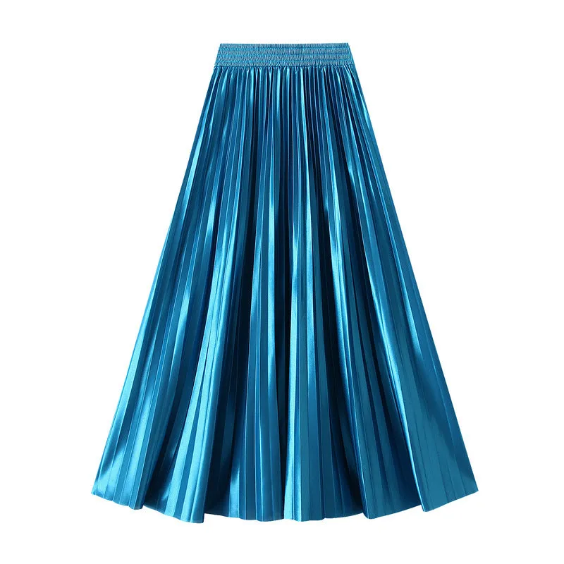 Glossy High Waist Pleated A Line Skirt