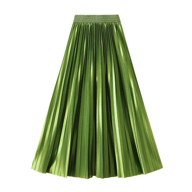 Glossy High Waist Pleated A Line Skirt