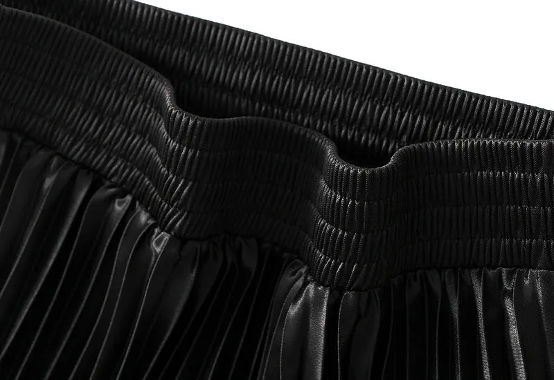 Glossy High Waist Pleated A Line Skirt