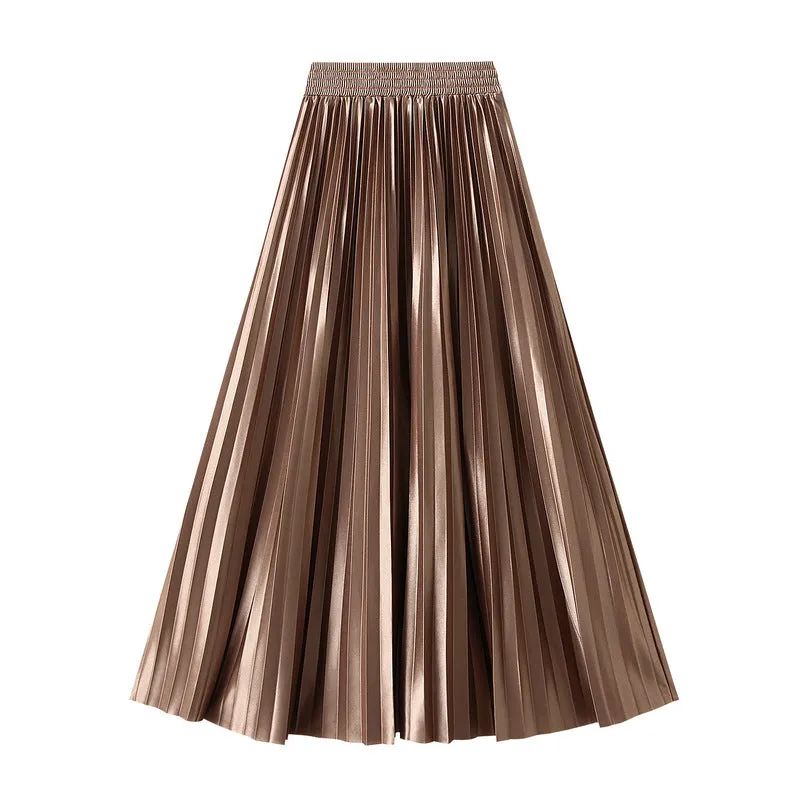 Glossy High Waist Pleated A Line Skirt